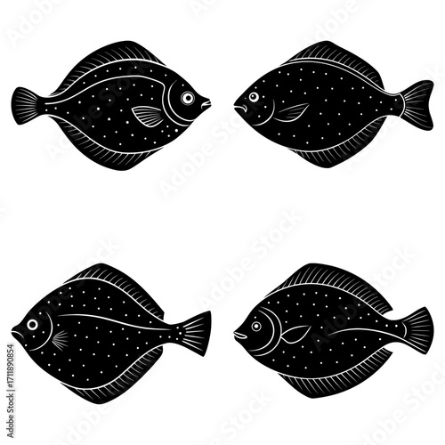 Four black and white flounder fish illustrations arranged symmetrically on a white background design element
