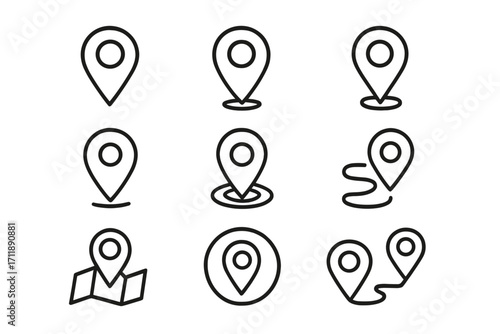 Location pin line icon set. Map pointer, navigation marker, GPS symbol collection. Destination, route, and position signs for web, app, and UI design. Simple outline vector.