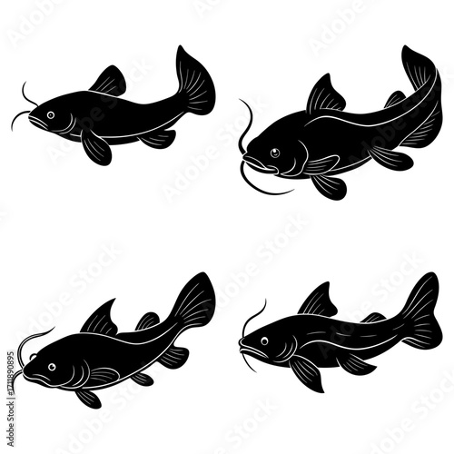 Four black silhouette catfish swimming in different directions on a white background design element