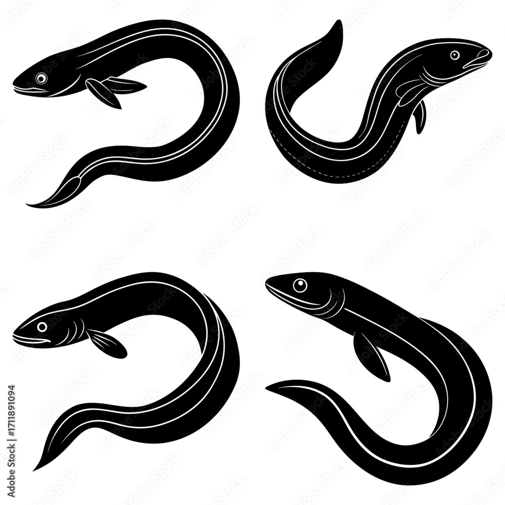 Obraz premium Four black eels in various curving poses against a white background in a vector style illustration
