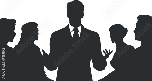 Silhouette of a business team engaged in a discussion during a professional presentation.