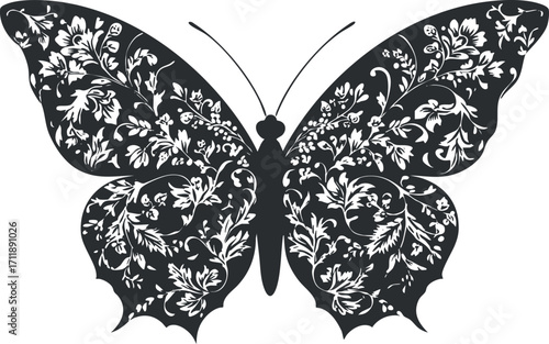 A beautifully detailed black and white butterfly silhouette featuring intricate floral patterns.