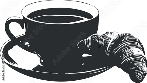 A cozy cup of coffee paired with a delicious croissant on a plate.