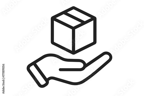 Hand holding package box thin line icon. Delivery service, receiving parcel, shipping, logistics concept. Vector for web, app. Handle with care symbol. Gift or charity icon.
