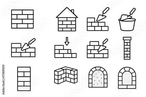 Brickwork masonry line icon set. Vector construction symbols for building industry. Includes brick wall, house, trowel, bucket, arch, and building process icons. Simple outline illustration.