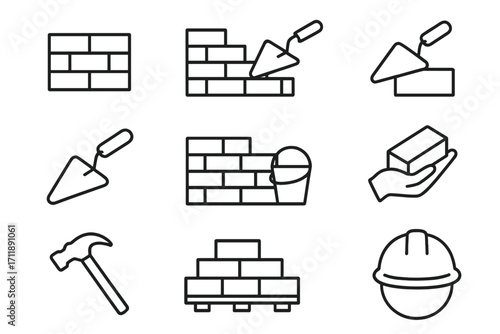 Construction line icon set. Bricklayer and masonry tools. Building a brick wall. Vector collection with trowel, hammer, hard hat, and cement bucket. Industrial work symbols.