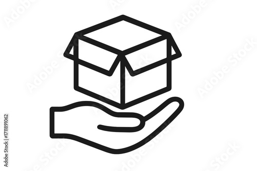 Hand holding open box icon. Package delivery and receiving concept. Careful parcel handling. Shipping, logistics symbol. E-commerce order fulfillment. Postal service sign.