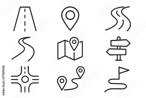 Road and path line icon set. Navigation, map pin, and destination outline icons. Vector symbols for route, direction, gps, journey, travel for web, app, UI, UX design.