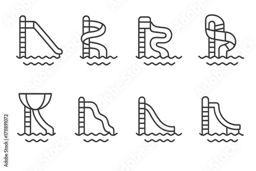 Water slide and aquapark thin line icon collection. Summer vacation and swimming pool recreation fun. Editable stroke vector symbols for water park activity and leisure.