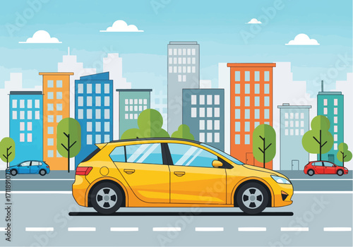 A Bright Yellow Car Drives Through a Lively Illustrated Cityscape on a Sunny Day