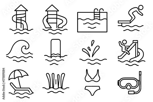 Water park and aquapark line icon set. Summer vacation symbols collection. Swimming pool, water slide, wave, diving and splash vector icons for web design and mobile apps.