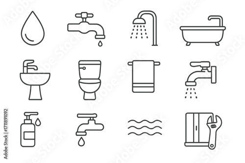 Water, bathroom, shower thin line icon set. Vector collection for plumbing, hygiene, sanitary ware. Faucet, sink, toilet, bathtub, soap, towel, repair symbols. Editable stroke.