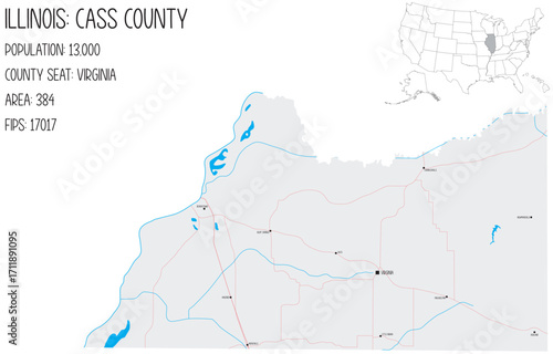 Large and detailed map of Cass County in Illinois, USA.