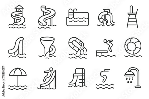 Water park and aquapark line icon set. Summer vacation and swimming pool recreation signs. Vector outline icons for web and graphic design. Water slide, diving, lifebuoy.