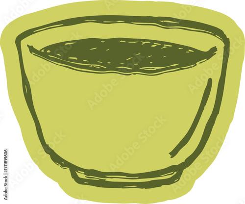 Japanese tea bowl sticker (chawan). Hand drawn doodle icon of a traditional cup for drinking matcha green tea during a ceremony.