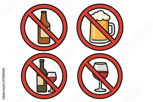 No alcohol signs vector icon set. Alcohol prohibition and forbidden drinking symbols. Stop drinking, sobriety and healthy lifestyle concept. Beer bottle, wine glass, mug icons.