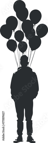 A silhouette of a man holding colorful balloons, representing freedom and adventure.
