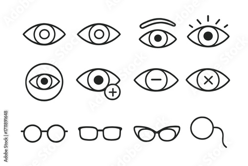 Eye and glasses line icon set. Outline vector signs for vision, ophthalmology, and optometry. Graphic symbols for sight, myopia, hyperopia, and different eyeglasses styles.