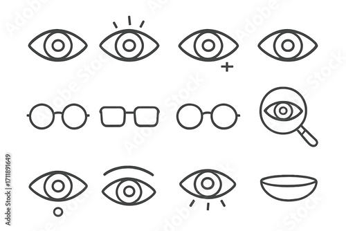 Vision and eyecare line icon set. Vector outline symbols for optometry and ophthalmology. Collection includes glasses, contact lens, eye test, sight, and looking concepts.