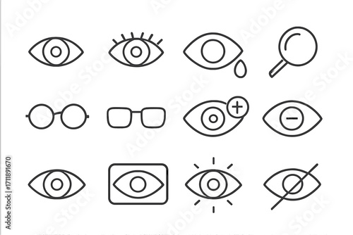 Eye and glasses icon set for vision and optics. Line icons for ophthalmology, sight correction, look, see, view. Farsighted, nearsighted, blind. Vector for web, apps.