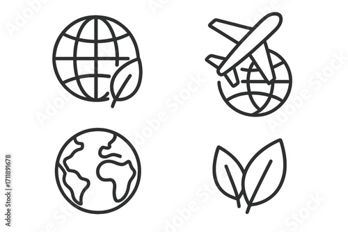 Eco-friendly global icon set. Sustainable travel and green planet concept. Line art symbols for ecology, environment, and conservation. Vector icons of earth, leaf, and plane.