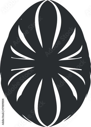 Stylized black and white egg design featuring unique patterns and curves for artistic representation.