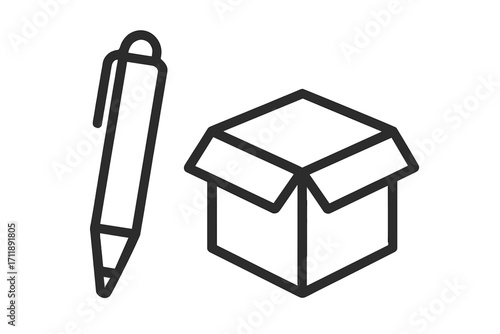 Simple line icon of a pen and open box. Concept for packaging, inventory, subscription box, or creative projects. Vector graphic illustration for apps and web design.