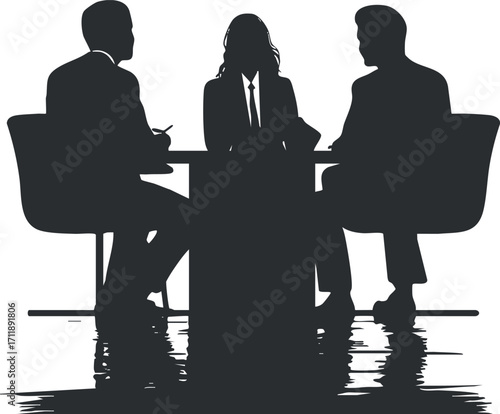 Silhouette of three business professionals engaged in a meeting around a table.