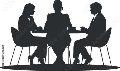 Silhouettes of three professionals engaged in a business meeting around a table.
