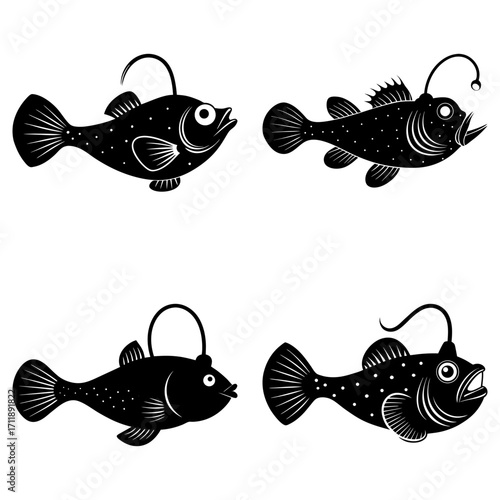Illustration of four black anglerfish with glowing lures in different orientations on a white background