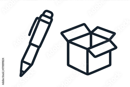 Pen and box icon for content creation, packaging, and delivery. Vector concept for creative ideas, writing, unboxing, and shipping. Minimalist line art illustration for apps.