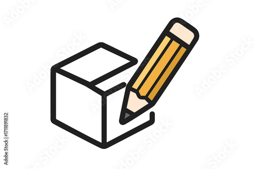 Edit icon with pencil and cube. Custom design and product development concept. Create, draw, sketch symbol. Prototyping, planning, branding. Vector logo for app or web.
