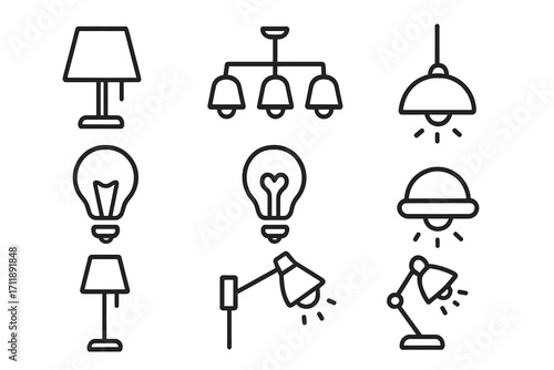 Lamp and light bulb linear icon set. Vector collection of thin line pictograms. Chandelier, desk and table lamps. Home interior lighting, electricity, idea concept symbol.