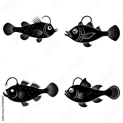 Illustration of four black anglerfish with bioluminescent lures in a square arrangement on a white background