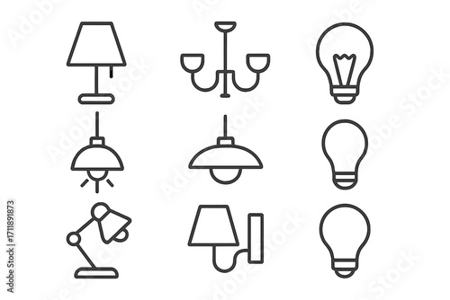 Lamp and light bulb line icon set. Chandelier, desk lamp, wall sconce. Vector lighting fixture symbols. Simple outline pictogram collection for web design, apps, electricity, energy, idea.