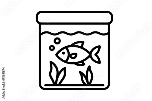 Fish in aquarium linear icon. Simple fish tank pictogram for web, graphic design, apps. Pet shop logo. Aquatic animal concept. Outline vector illustration of a fishbowl.