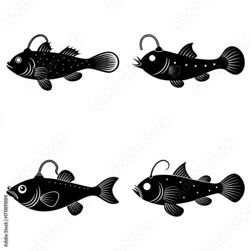 Four anglerfish silhouettes with bioluminescent lures arranged on a white background in a square format
