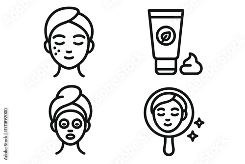Skincare icon set with woman's face. Beauty routine, cosmetic treatment. Line art for acne, face mask, cream tube, and mirror reflection. Vector for dermatology and spa.