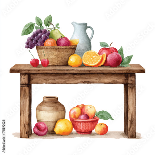 Watercolor Still Life with Fresh Fruits and Pitcher on a Wooden Table.