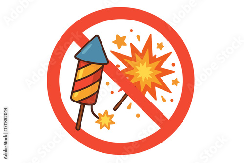 No fireworks allowed sign. Pyrotechnics prohibited symbol. Vector illustration for warning, safety, and fire prevention. Danger icon with firecracker rocket and explosion.