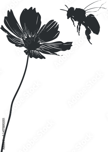 A black and white silhouette of a flower with a bee hovering nearby, representing nature.