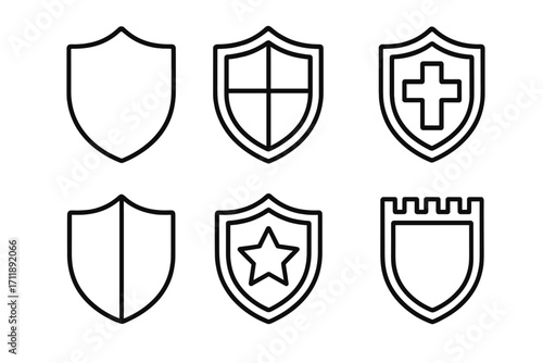 Shield icon set. Security and protection signs. Vector line art symbols for safety, guard, data privacy. Medieval crest, emblem, logo. Editable stroke for web, apps.