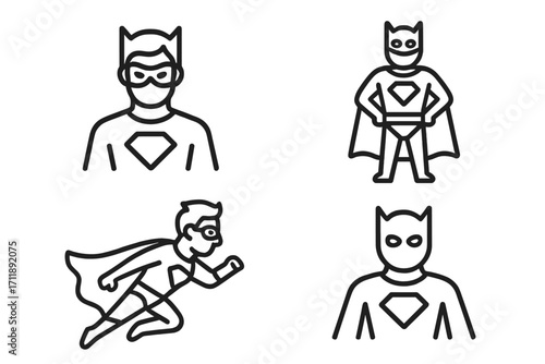 Superhero icon set linear collection. Minimalistic vector graphic of super hero character in mask and cape. Concept of power, courage, justice and comics for logo design.