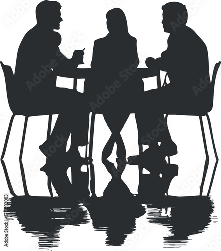 Silhouette of three professionals engaged in a discussion during a business meeting.