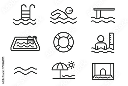 Swimming pool line icon set. Summer water sports and vacation symbols. Minimalist pictograms of swimmer, diving board, lifebuoy. Vector for web design, apps, UI, UX.