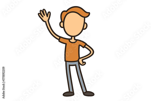 Cartoon man character waving hand. Friendly young person greeting. Vector illustration of a boy saying hello. Simple, flat design element for websites and apps. Isolated figure.