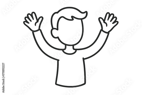 Simple line icon of a person with hands raised up. Concept for celebration, success, joy, praise, and greeting. Happy cartoon character waving. Minimal vector illustration.
