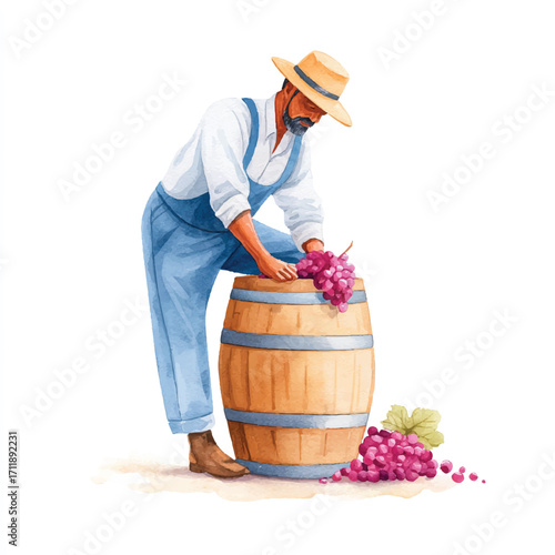 Winemaker carefully preparing grapes for wine production in a barrel.