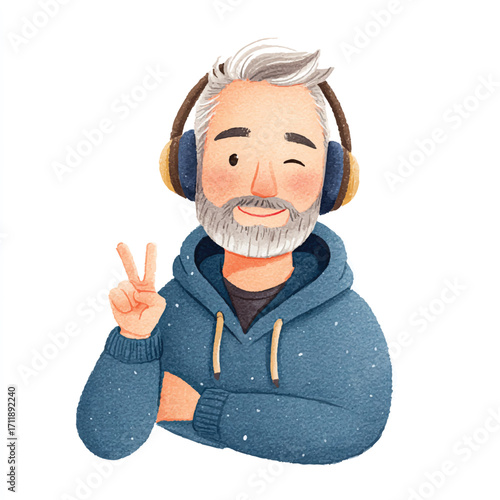 Winking man with gray hair beard headphones and a peace sign