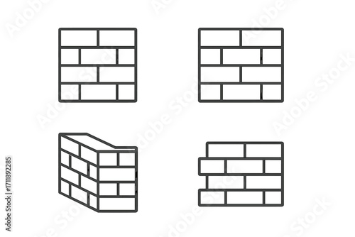 Brick wall outline icon set. Simple linear image collection of masonry and brickwork. Construction, building, barrier, firewall concepts. Editable stroke vector illustration.